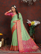 Vedant Vastram Parrot Color Kanjeevaram Organza Silk Saree - Parrot