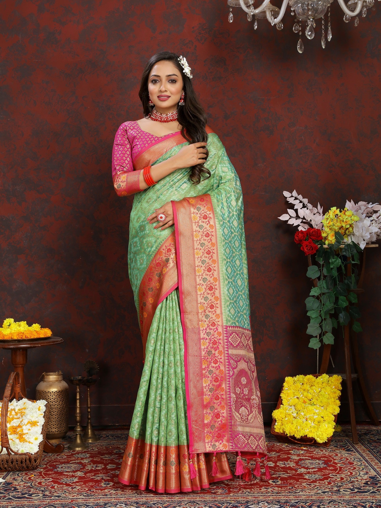 Vedant Vastram Parrot Color Kanjeevaram Organza Silk Saree - Parrot