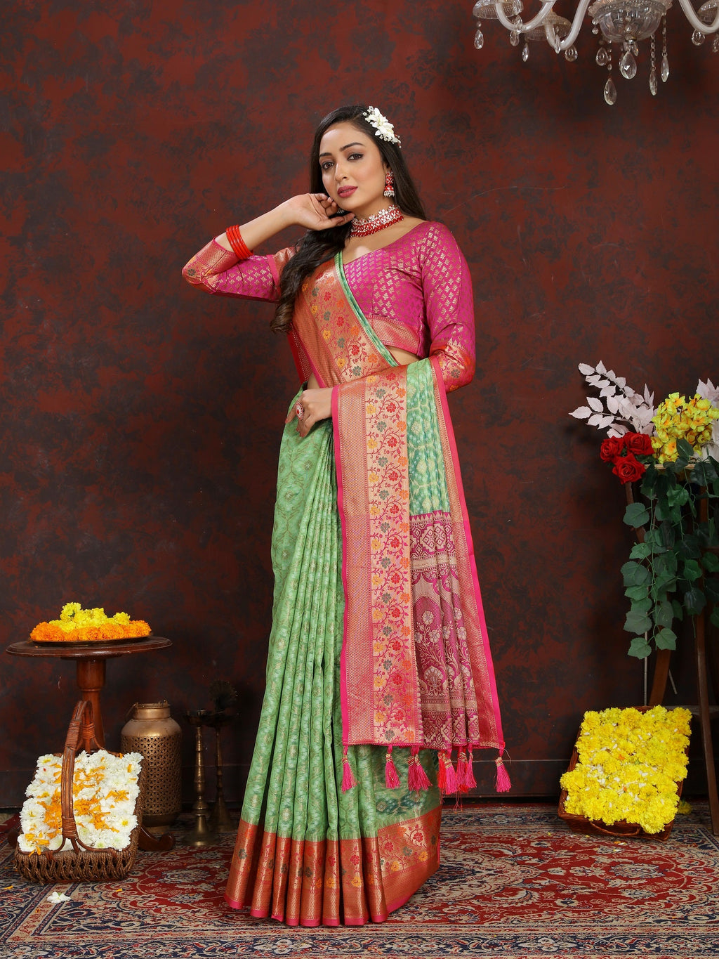 Vedant Vastram Parrot Color Kanjeevaram Organza Silk Saree - Parrot