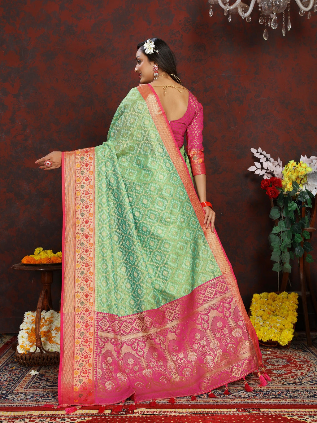 Vedant Vastram Parrot Color Kanjeevaram Organza Silk Saree - Parrot
