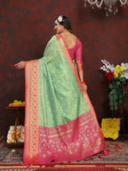 Vedant Vastram Parrot Color Kanjeevaram Organza Silk Saree - Parrot