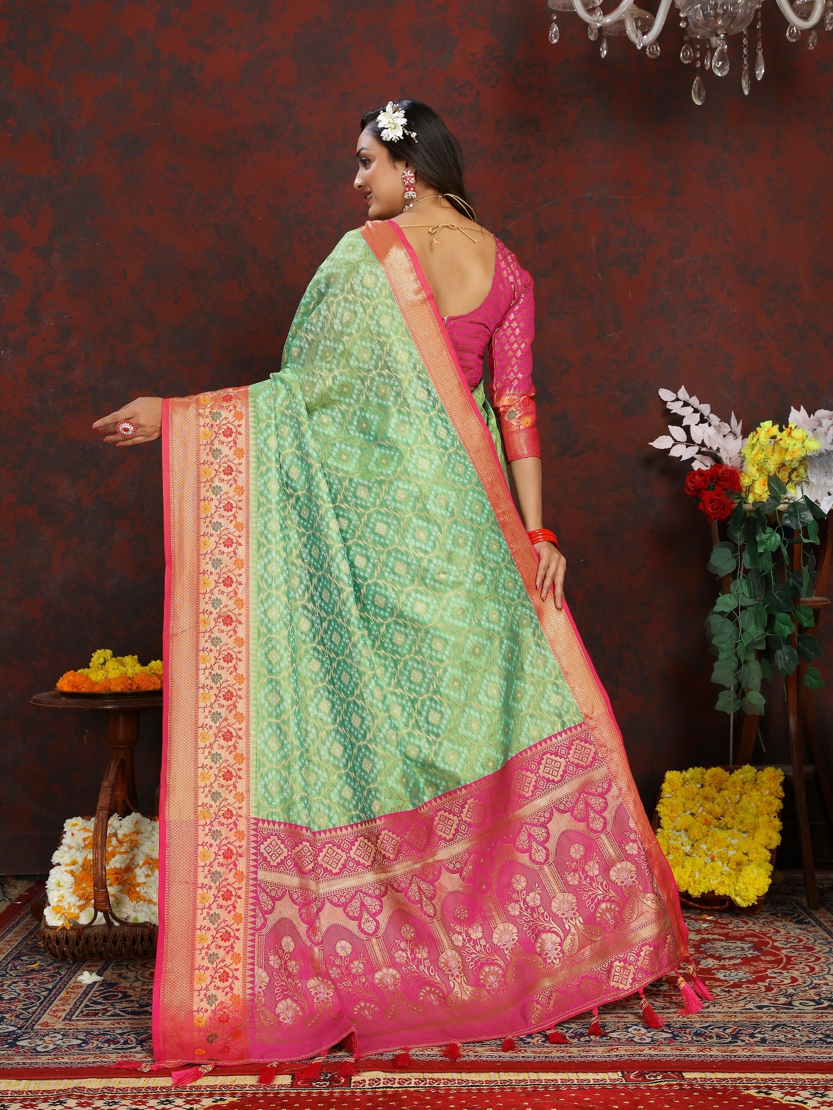Vedant Vastram Parrot Color Kanjeevaram Organza Silk Saree - Parrot