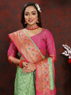 Vedant Vastram Parrot Color Kanjeevaram Organza Silk Saree - Parrot