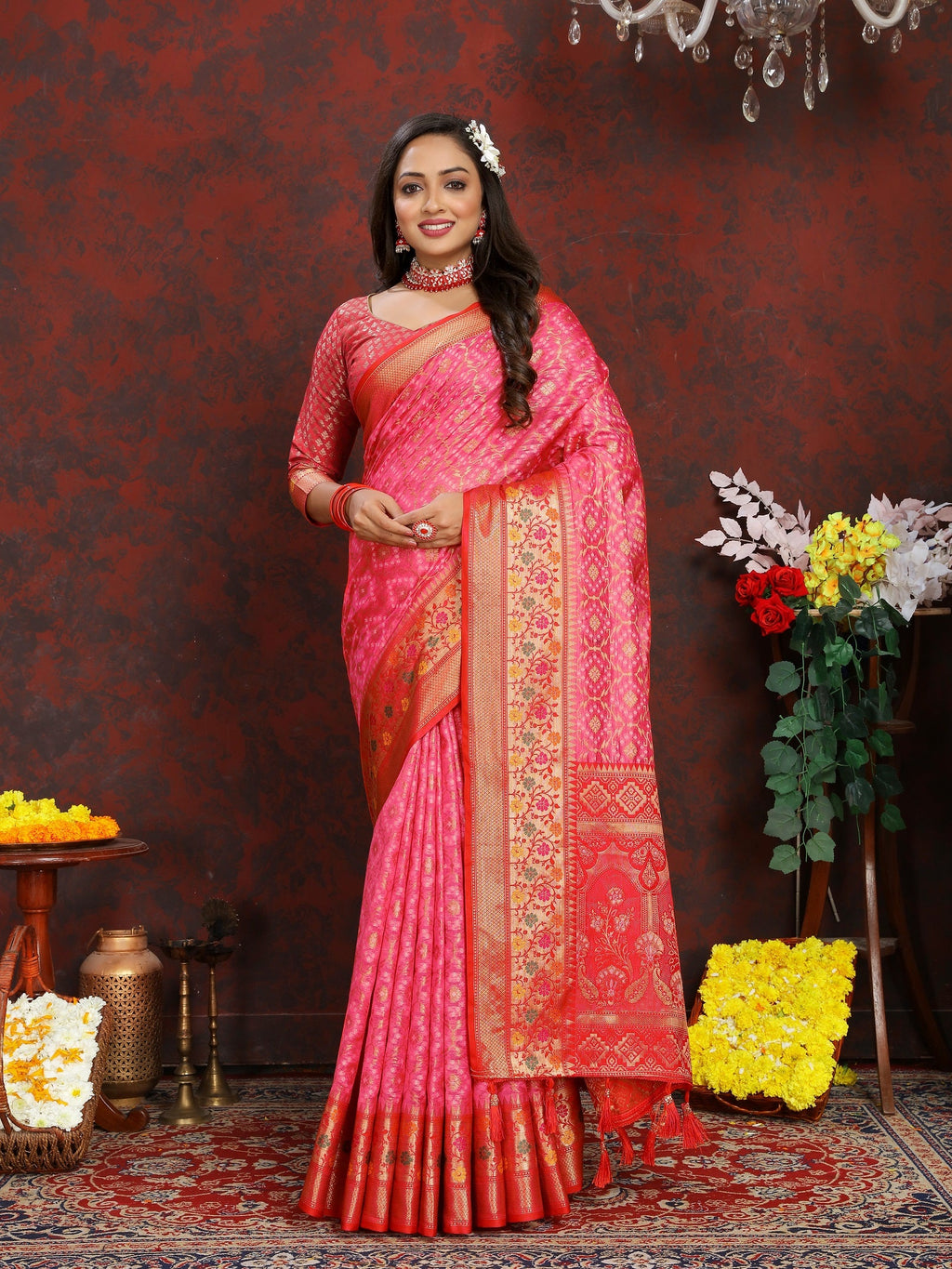 Vedant Vastram Pink Color Kanjeevaram Organza Silk Saree - Pink