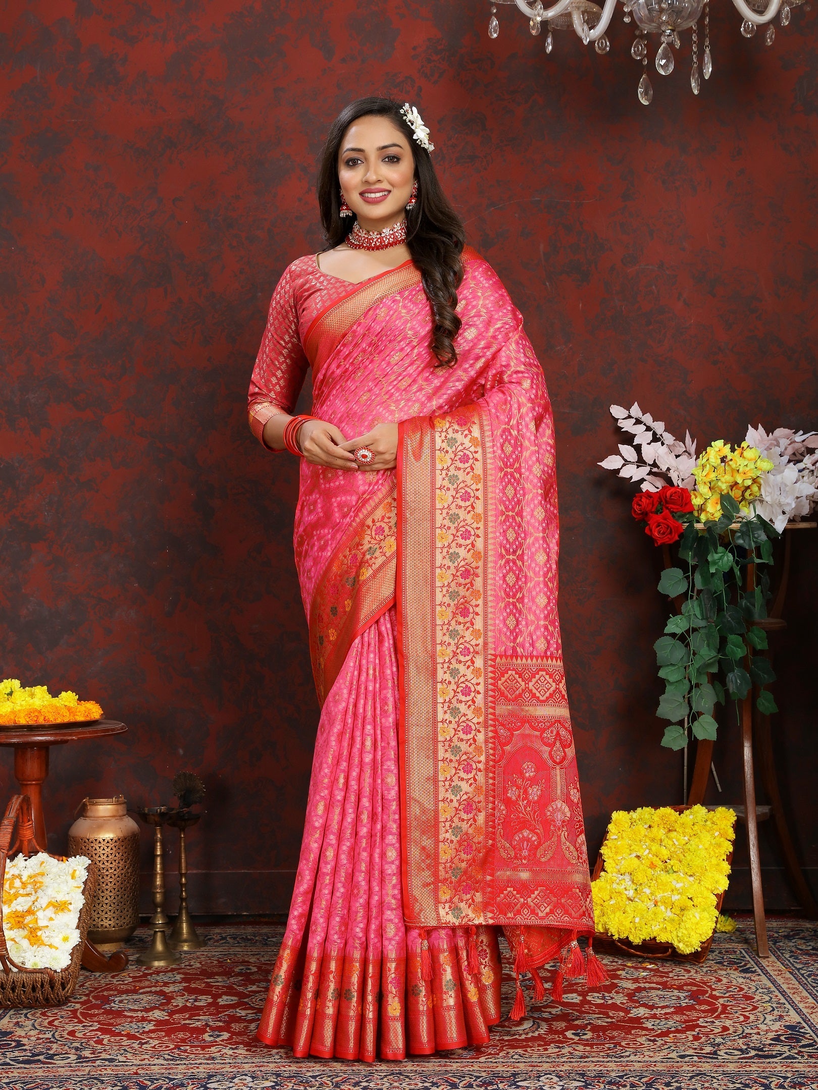 Vedant Vastram Pink Color Kanjeevaram Organza Silk Saree - Pink