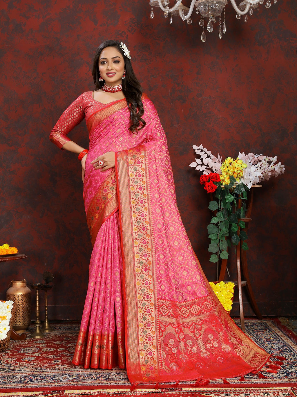 Vedant Vastram Pink Color Kanjeevaram Organza Silk Saree - Pink