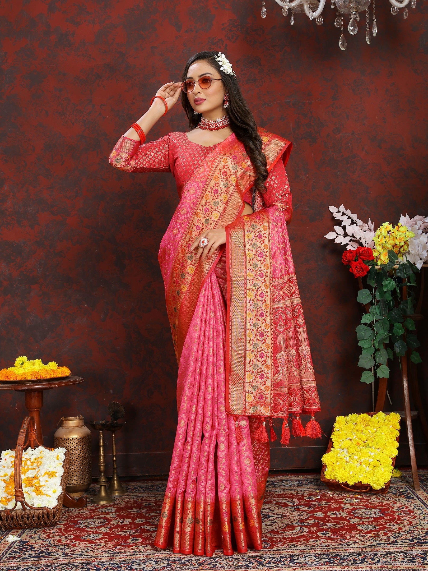 Vedant Vastram Pink Color Kanjeevaram Organza Silk Saree - Pink