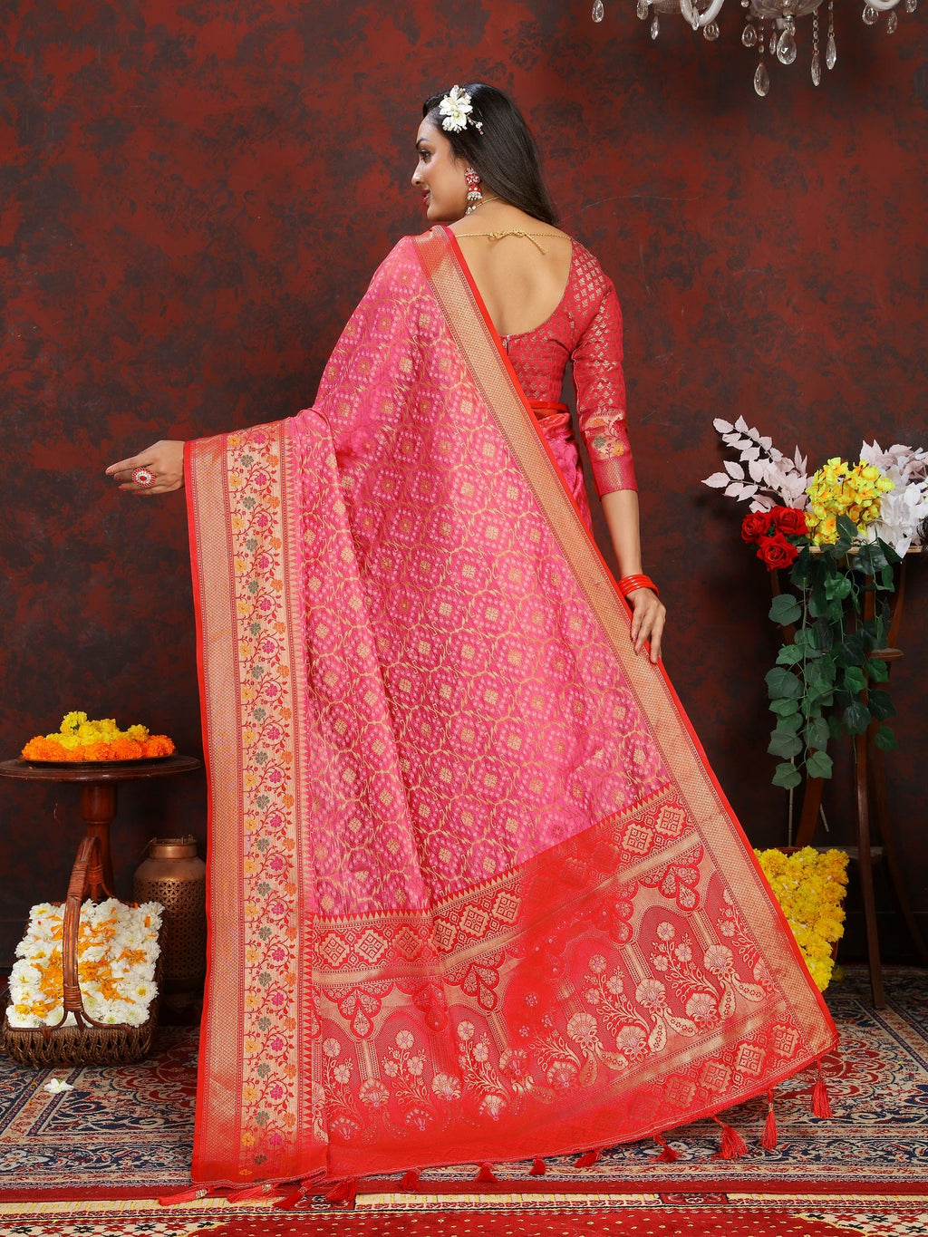 Vedant Vastram Pink Color Kanjeevaram Organza Silk Saree - Pink