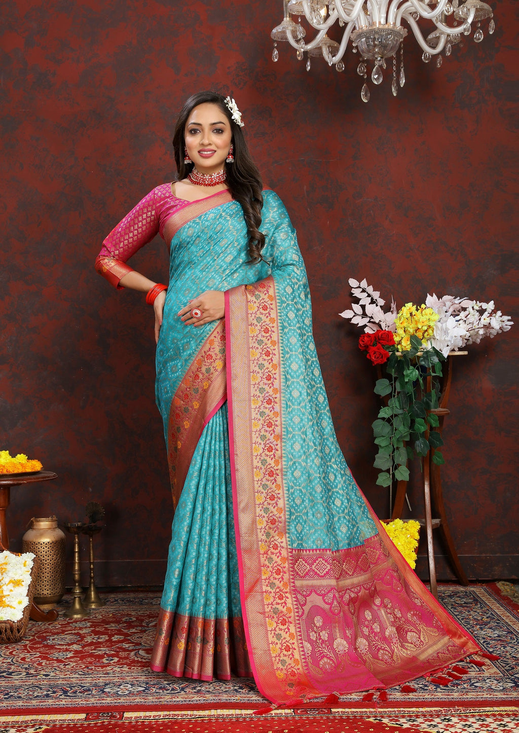 Vedant Vastram Rama Color Kanjeevaram Organza Silk Saree - Rama