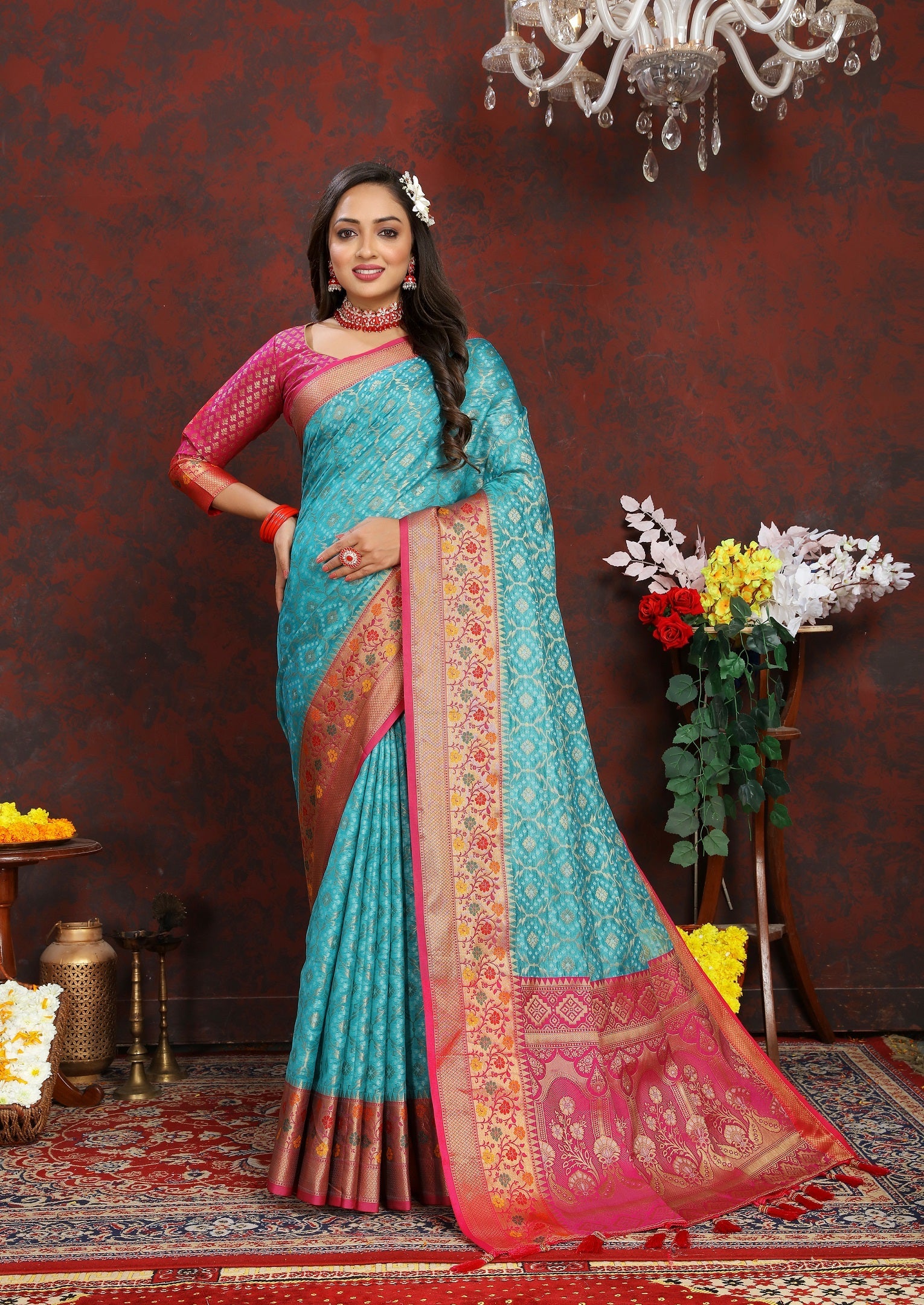 Vedant Vastram Rama Color Kanjeevaram Organza Silk Saree - Rama