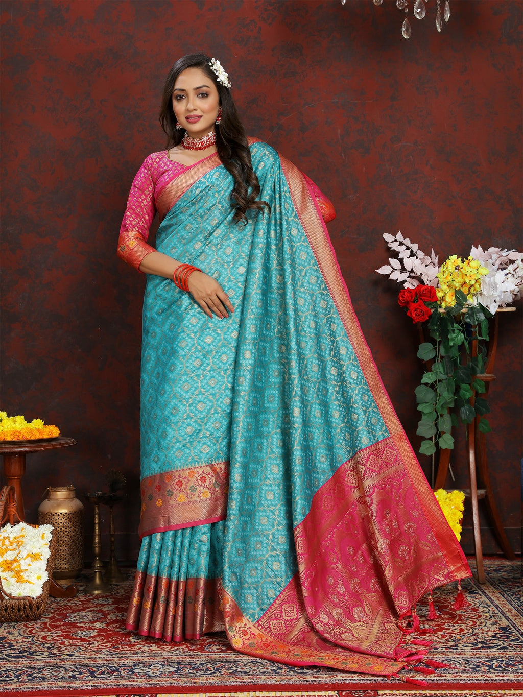 Vedant Vastram Rama Color Kanjeevaram Organza Silk Saree - Rama