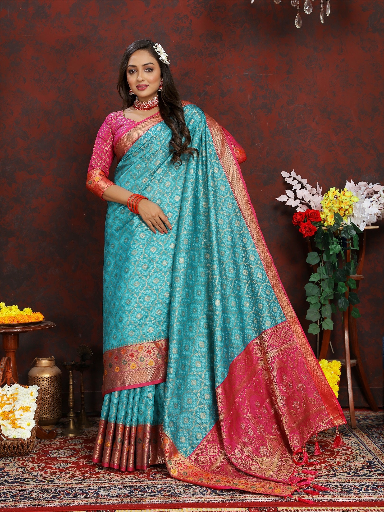 Vedant Vastram Rama Color Kanjeevaram Organza Silk Saree - Rama