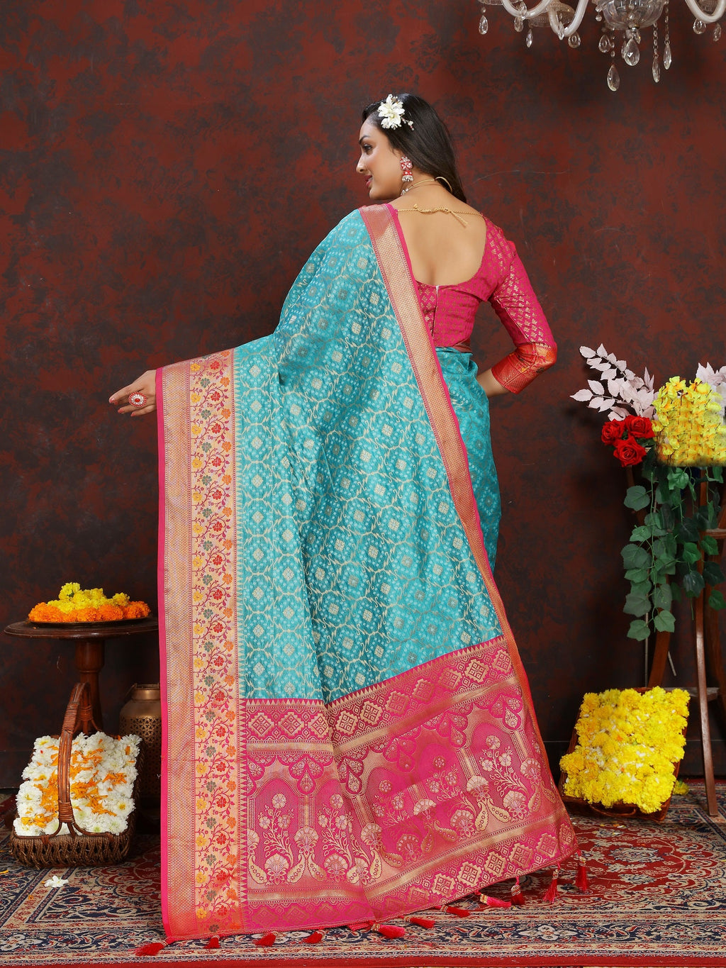 Vedant Vastram Rama Color Kanjeevaram Organza Silk Saree - Rama