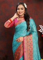 Vedant Vastram Rama Color Kanjeevaram Organza Silk Saree - Rama