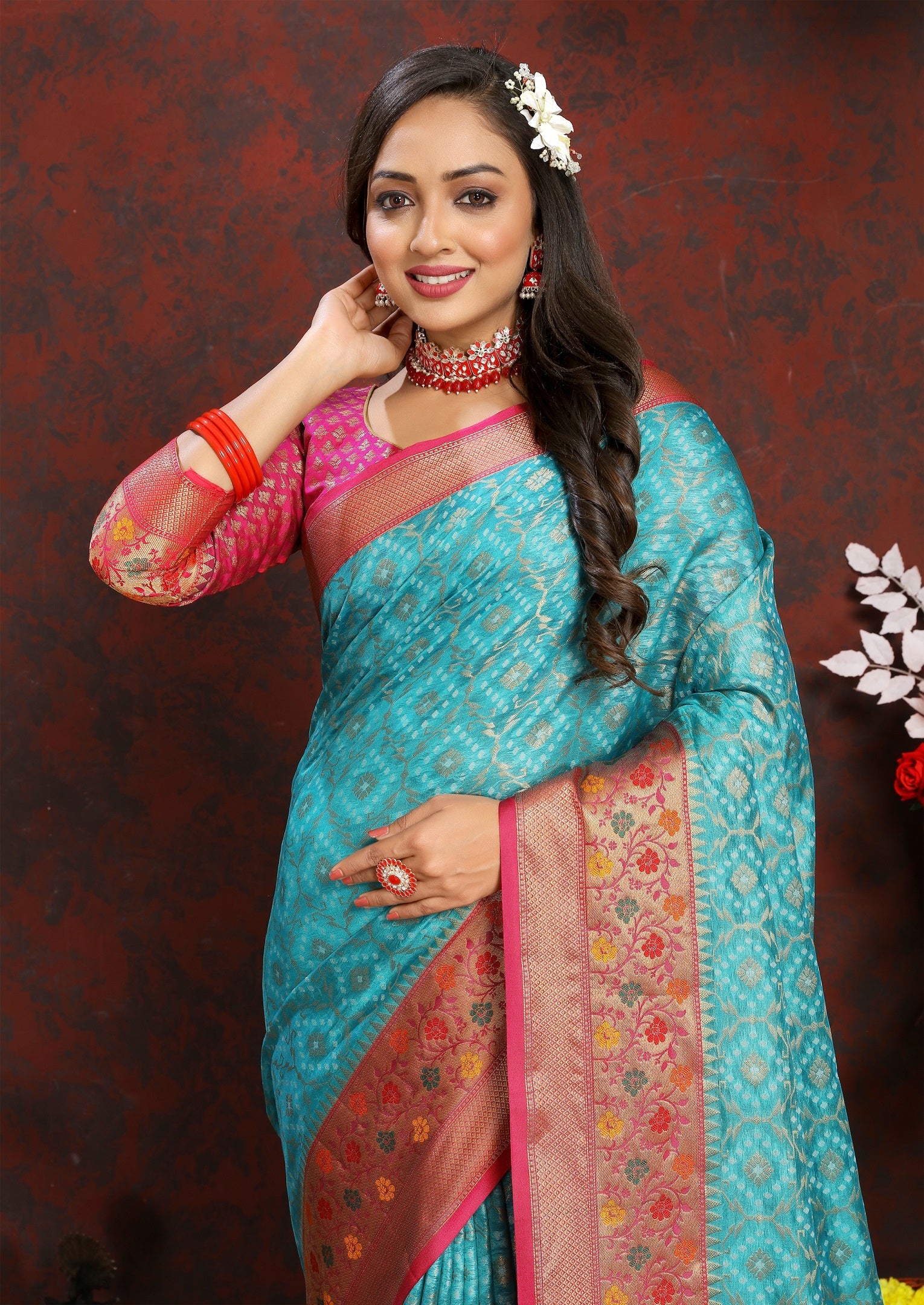Vedant Vastram Rama Color Kanjeevaram Organza Silk Saree - Rama