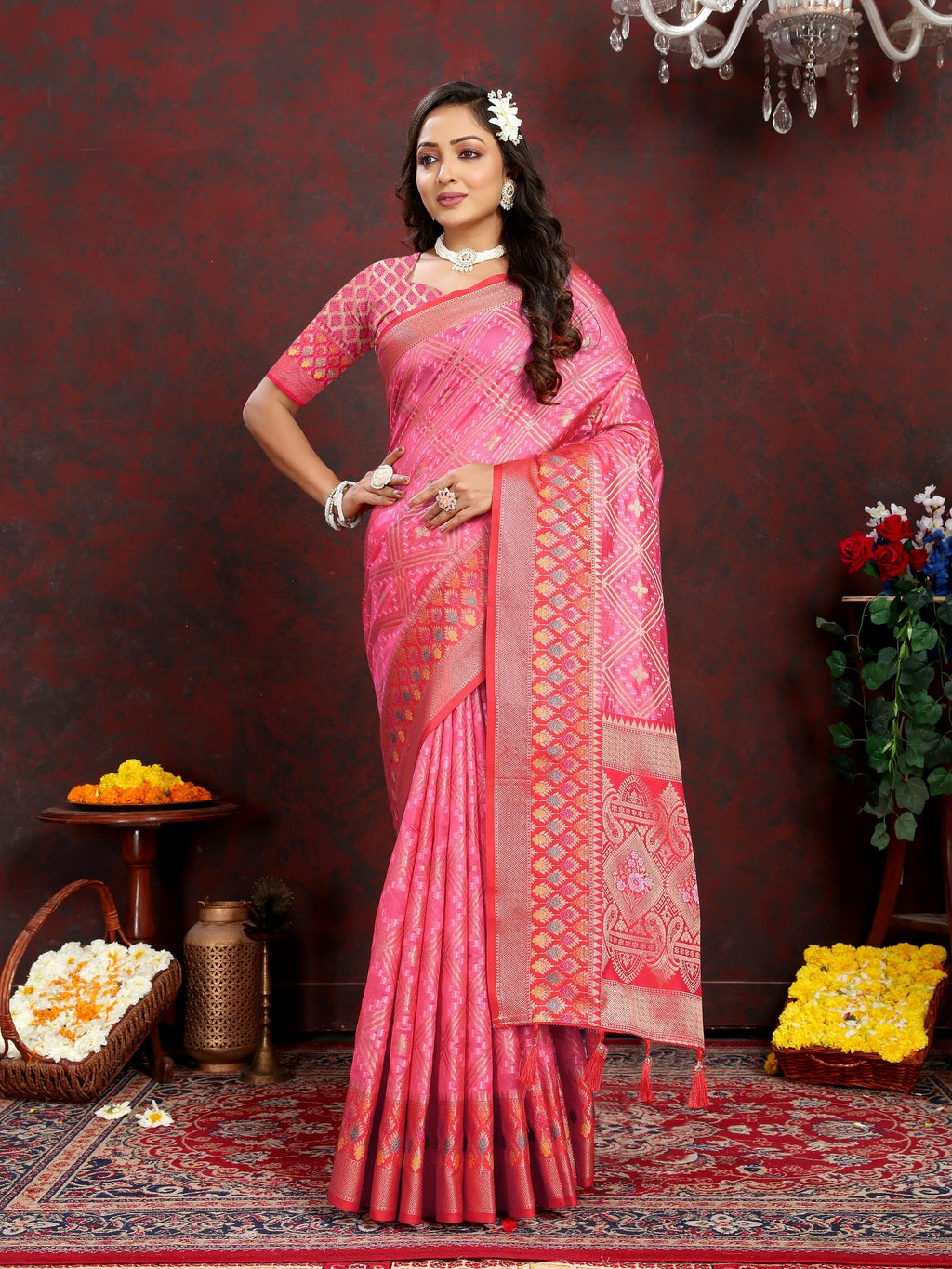 Vedant Vastram Baby Pink Color Kanjeevaram Organza Silk Saree - Baby Pink
