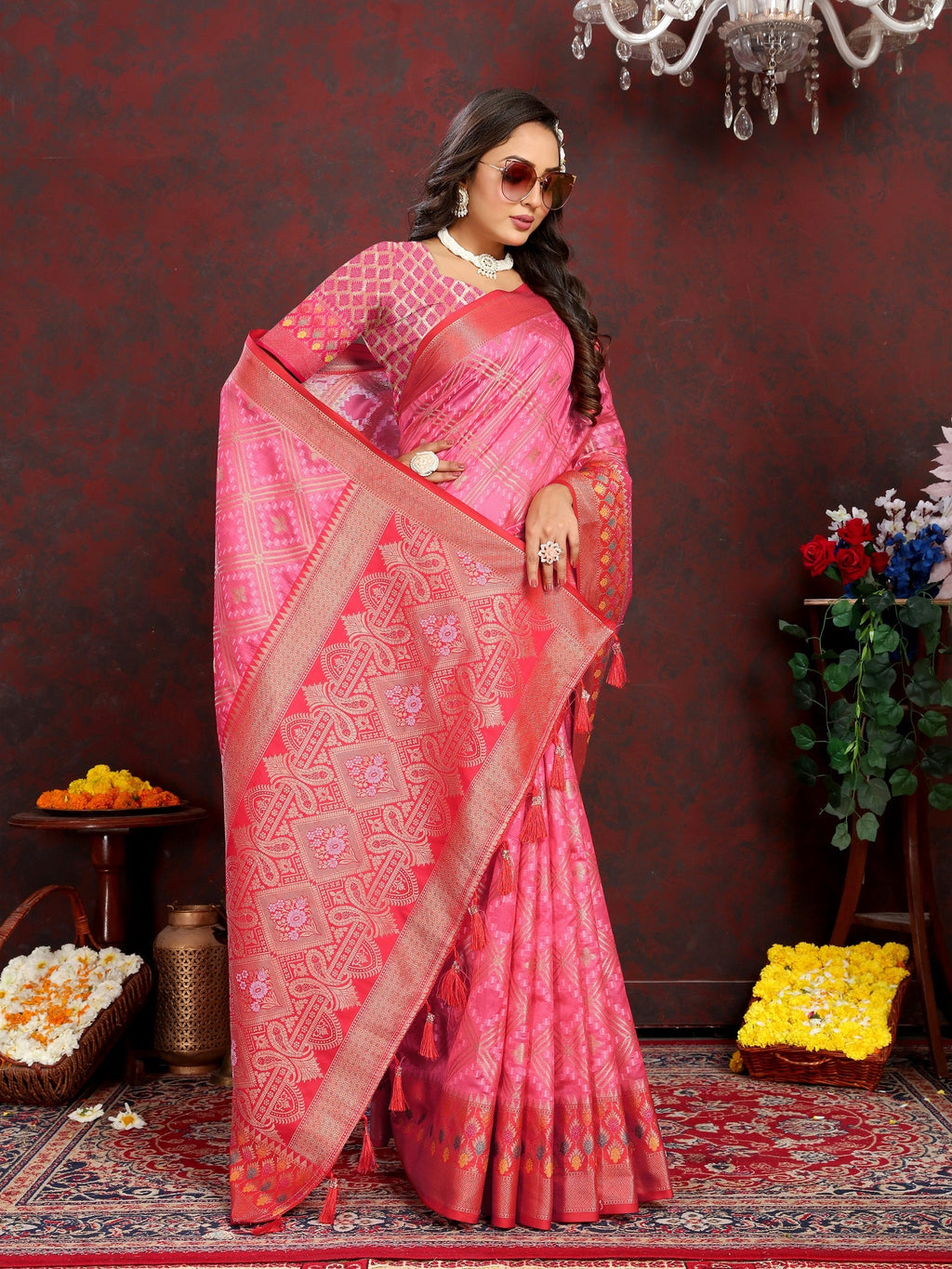 Vedant Vastram Baby Pink Color Kanjeevaram Organza Silk Saree - Baby Pink