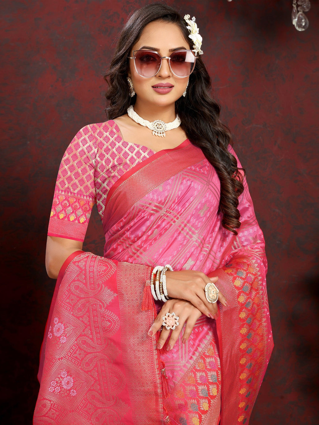 Vedant Vastram Baby Pink Color Kanjeevaram Organza Silk Saree - Baby Pink