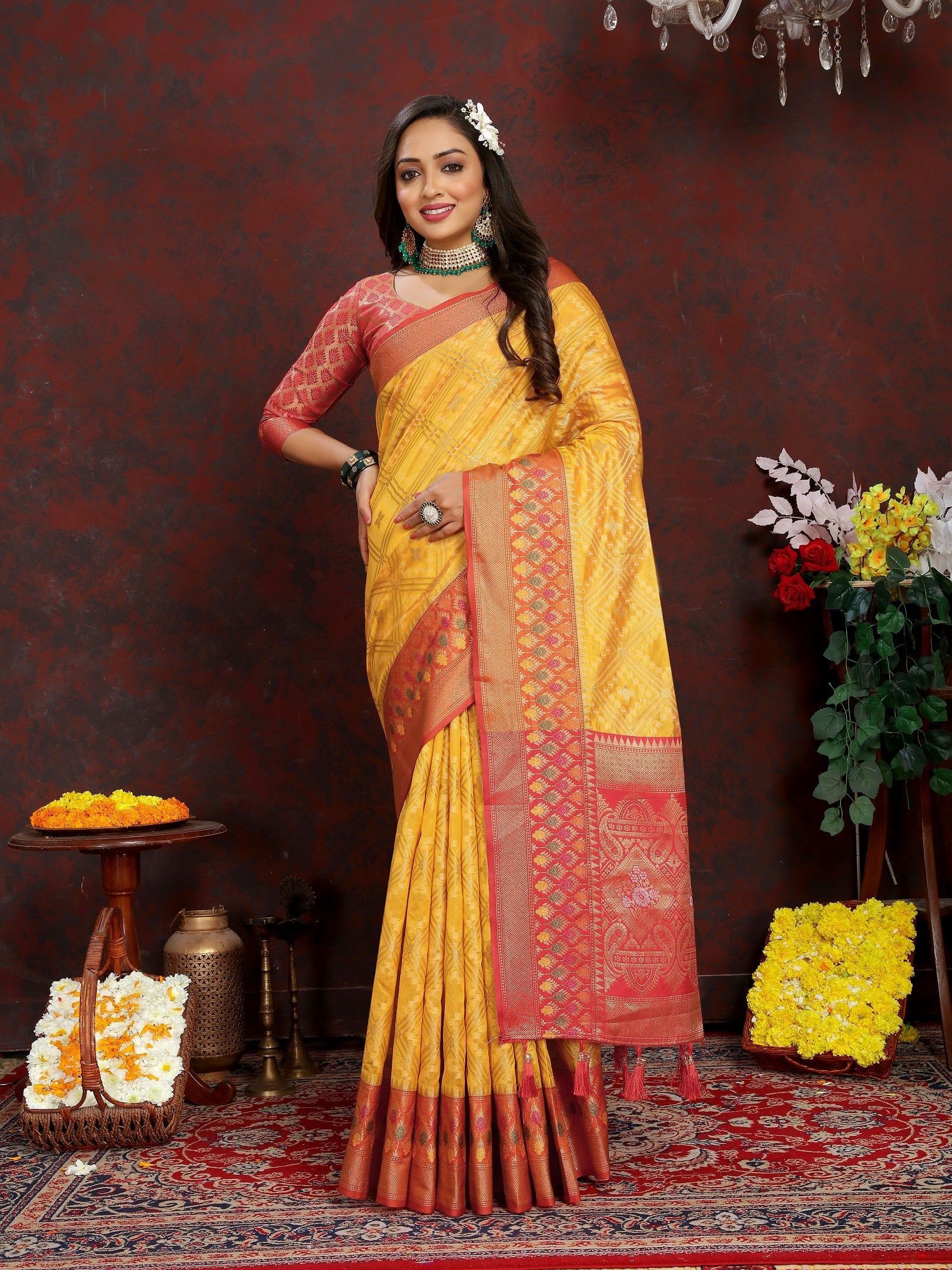 Vedant Vastram Mustard Color Kanjeevaram Organza Silk Saree - Mustard