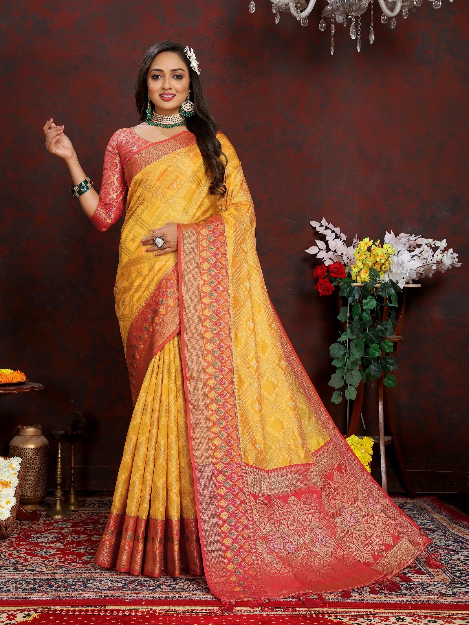 Vedant Vastram Mustard Color Kanjeevaram Organza Silk Saree - Mustard