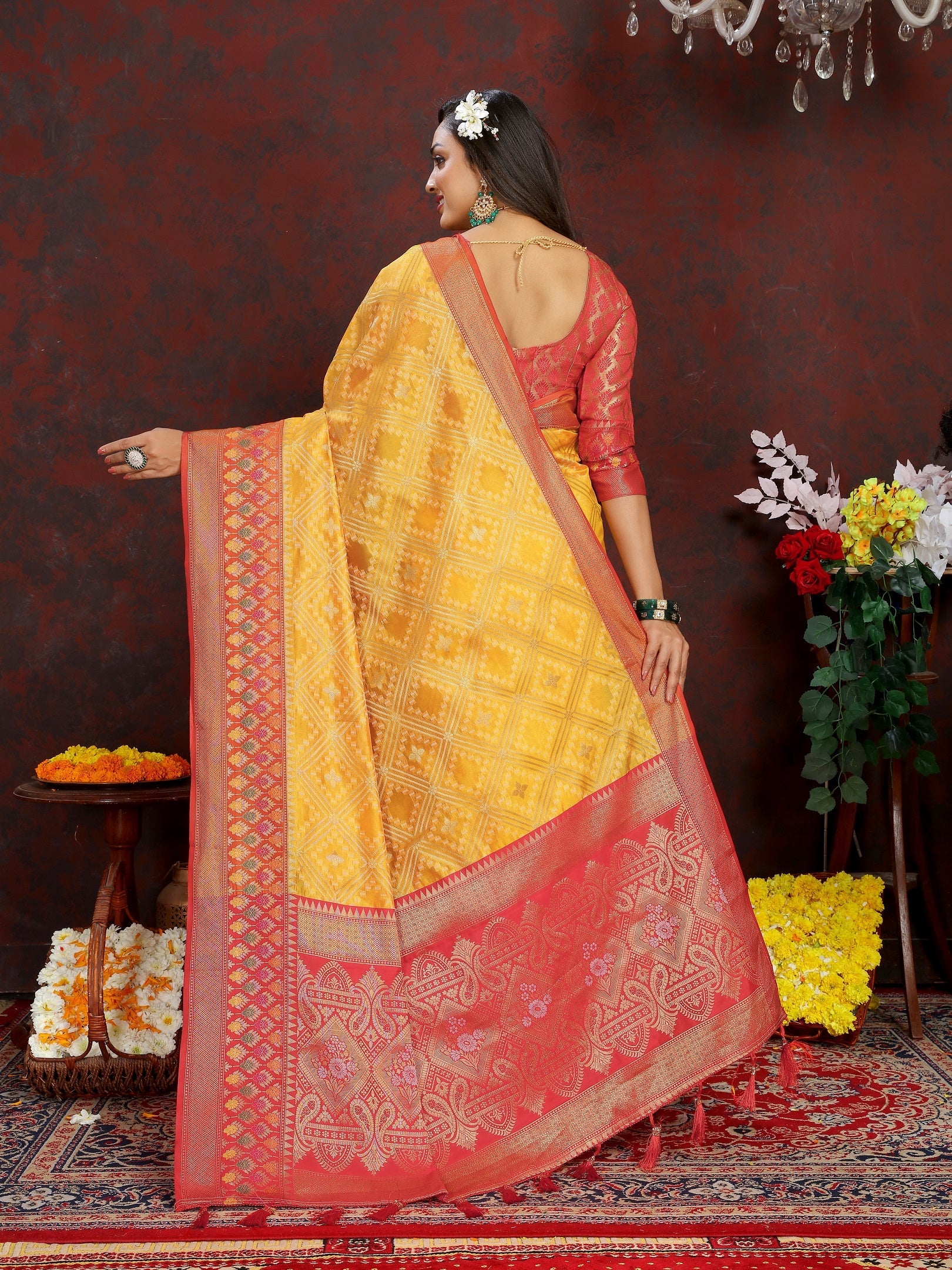 Vedant Vastram Mustard Color Kanjeevaram Organza Silk Saree - Mustard