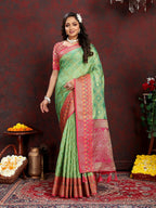 Vedant Vastram Parrot Color Kanjeevaram Organza Silk Saree - Parrot