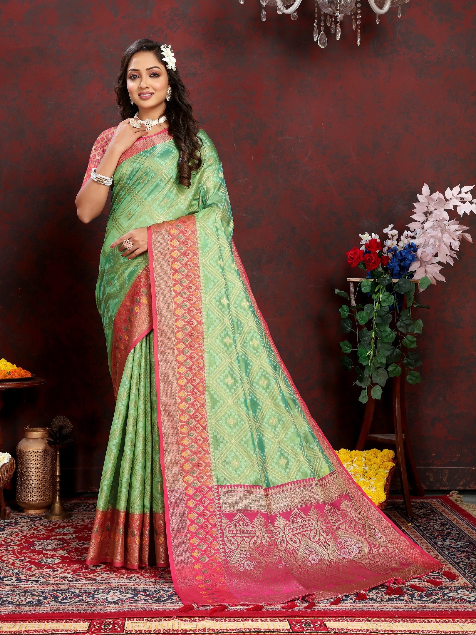 Vedant Vastram Parrot Color Kanjeevaram Organza Silk Saree - Parrot