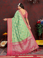 Vedant Vastram Parrot Color Kanjeevaram Organza Silk Saree - Parrot