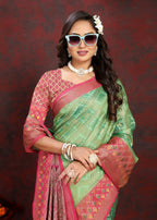Vedant Vastram Parrot Color Kanjeevaram Organza Silk Saree - Parrot