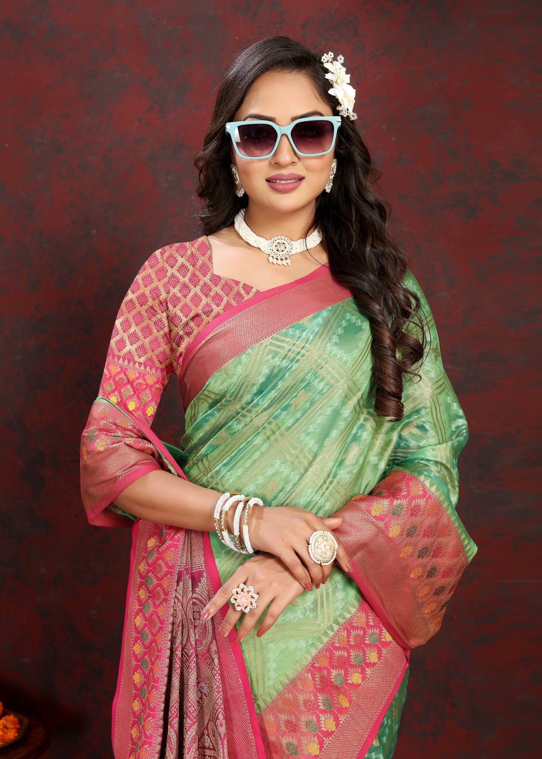 Vedant Vastram Parrot Color Kanjeevaram Organza Silk Saree - Parrot