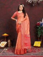 Vedant Vastram Peach Color Kanjeevaram Organza Silk Saree - Peach