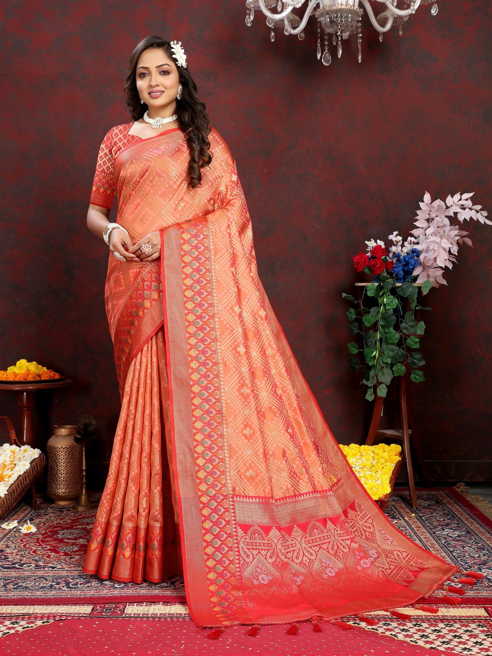 Vedant Vastram Peach Color Kanjeevaram Organza Silk Saree - Peach