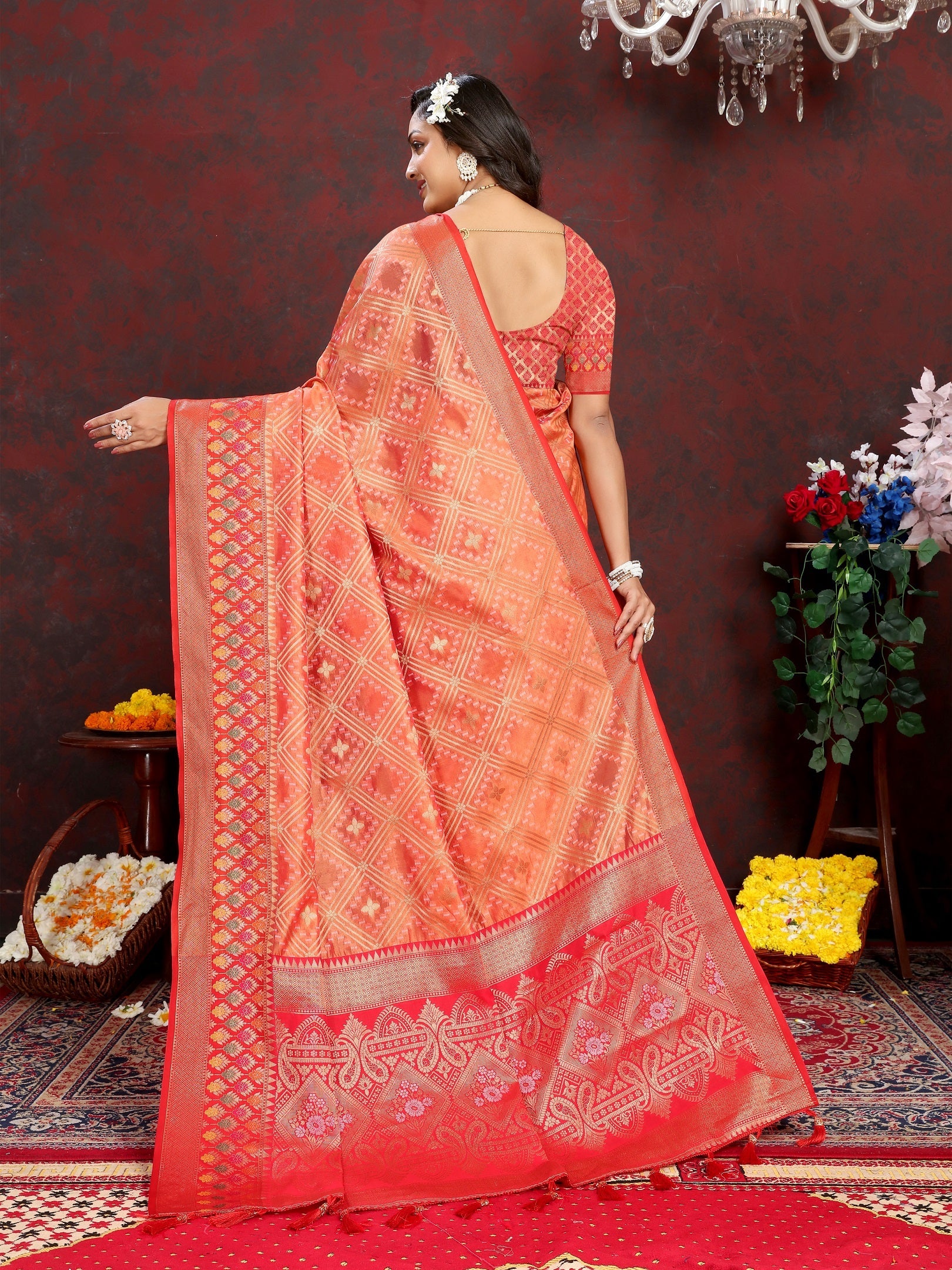 Vedant Vastram Peach Color Kanjeevaram Organza Silk Saree - Peach