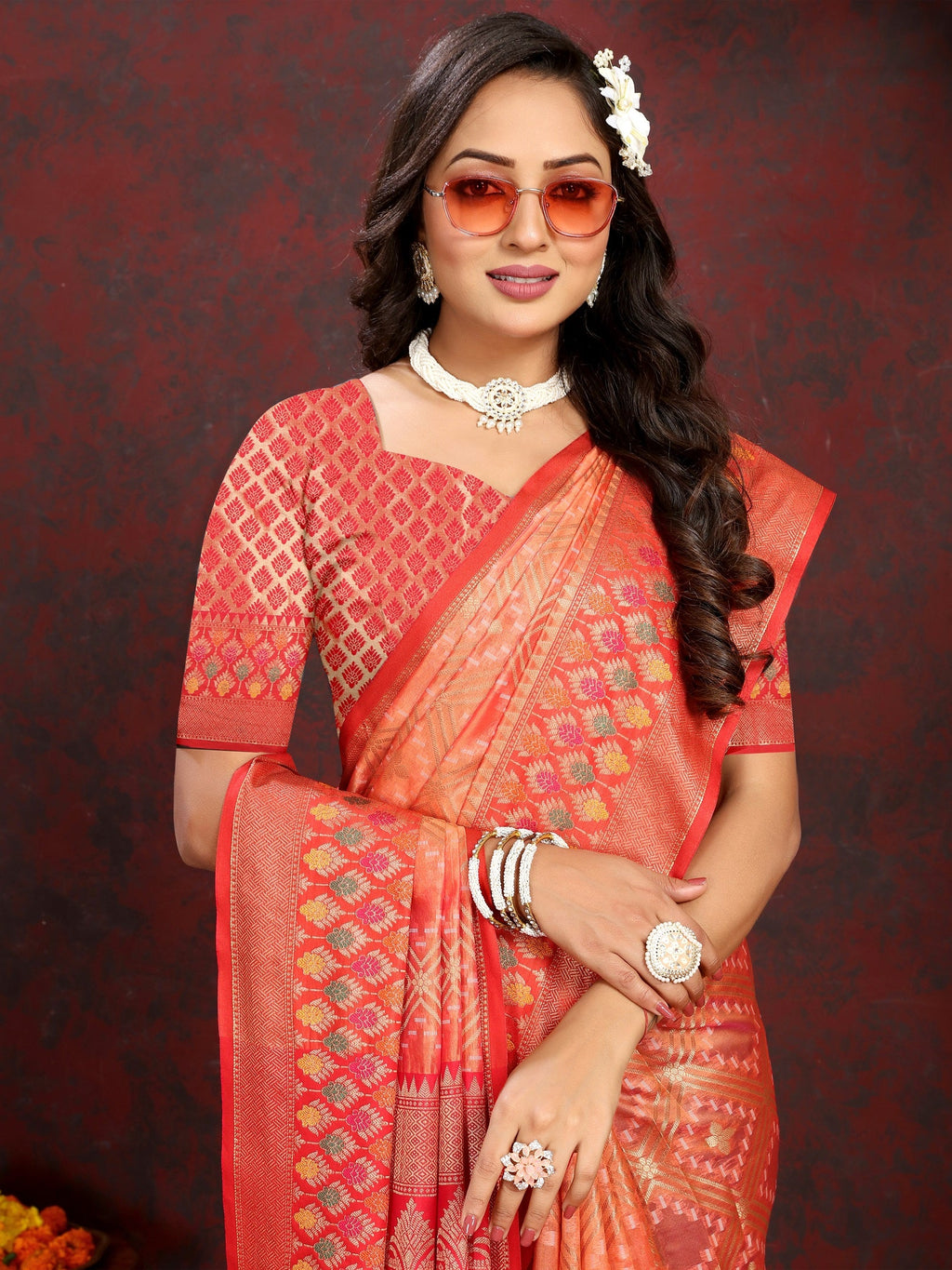 Vedant Vastram Peach Color Kanjeevaram Organza Silk Saree - Peach