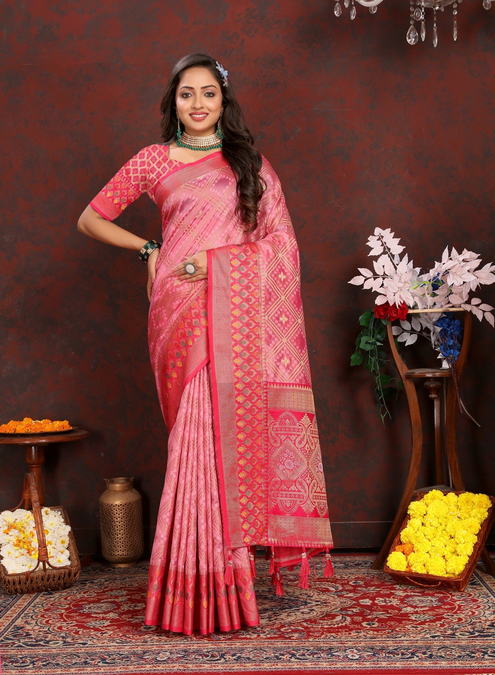 Vedant Vastram Pink Color Kanjeevaram Organza Silk Saree - Pink