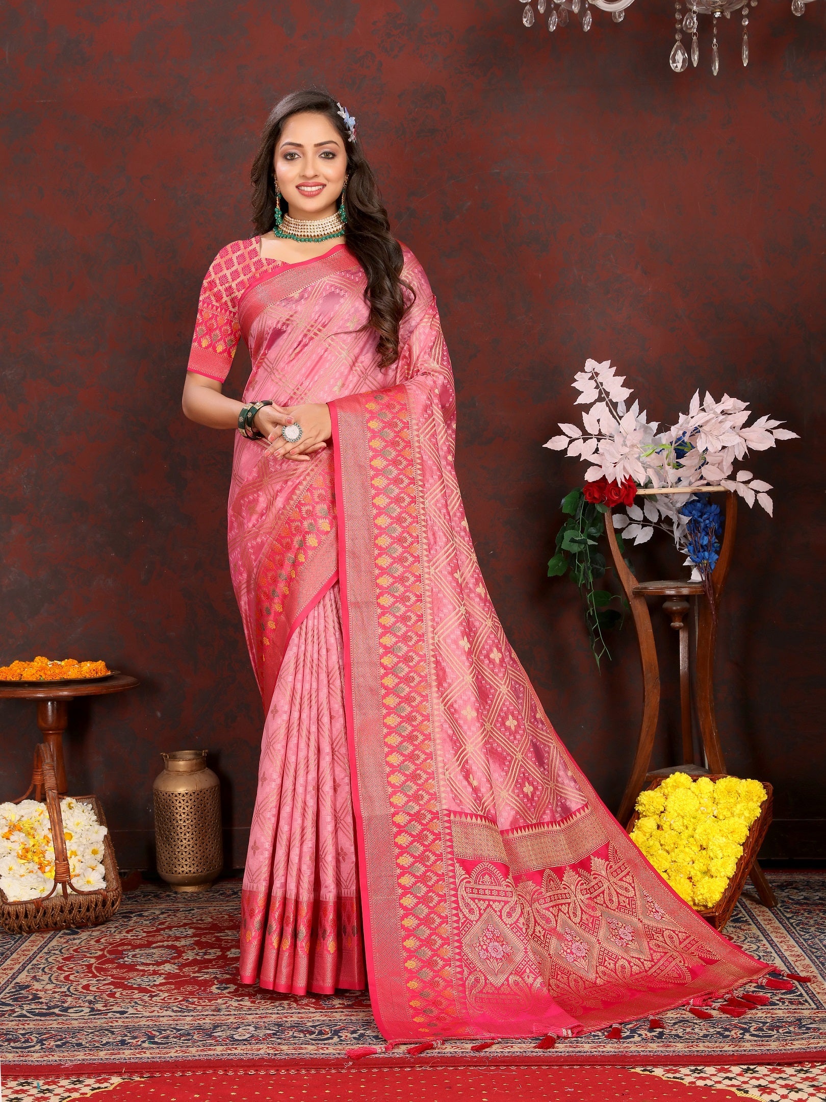 Vedant Vastram Pink Color Kanjeevaram Organza Silk Saree - Pink