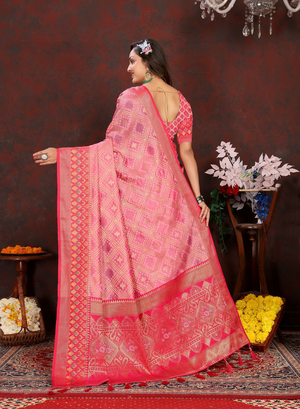 Vedant Vastram Pink Color Kanjeevaram Organza Silk Saree - Pink