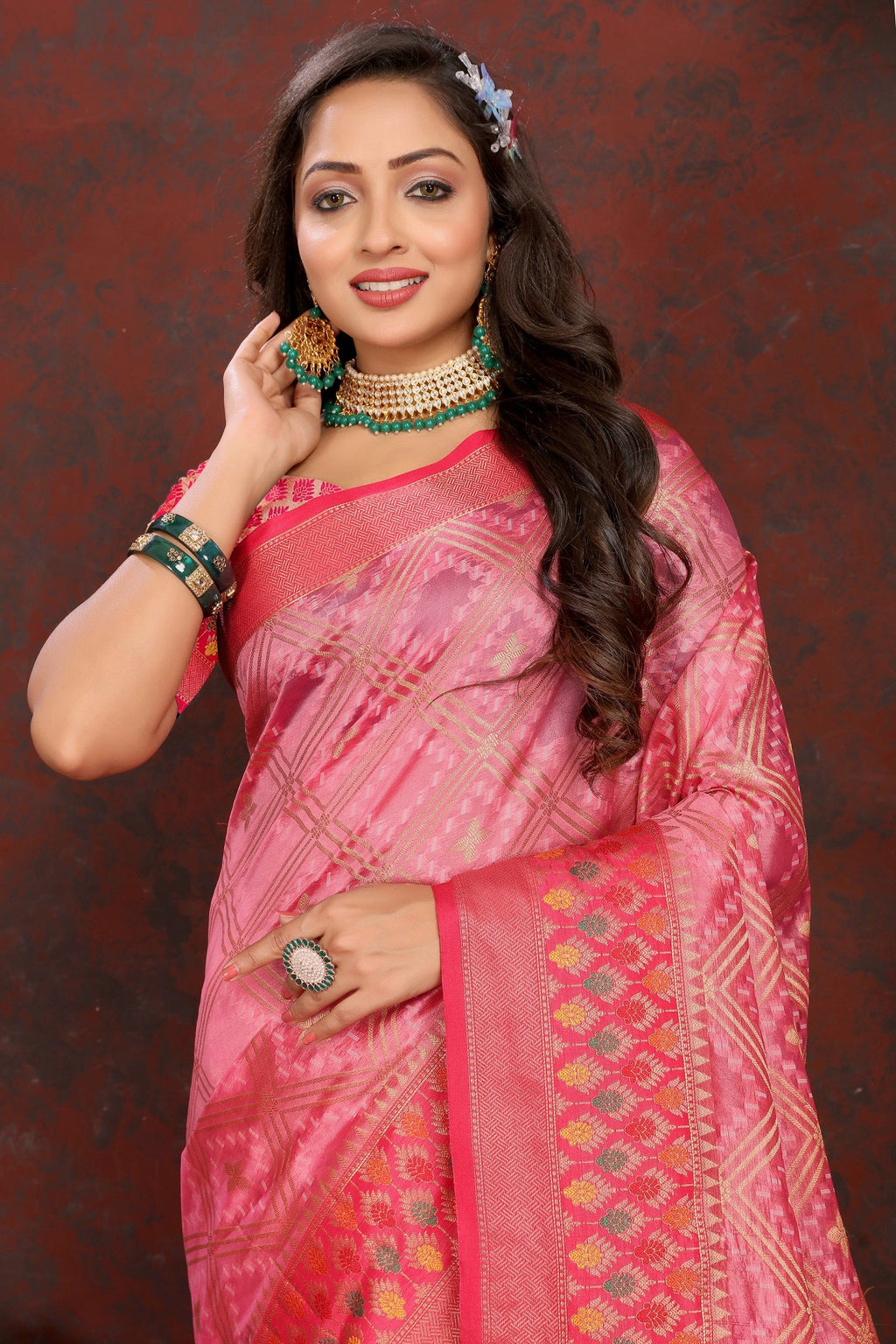 Vedant Vastram Pink Color Kanjeevaram Organza Silk Saree - Pink