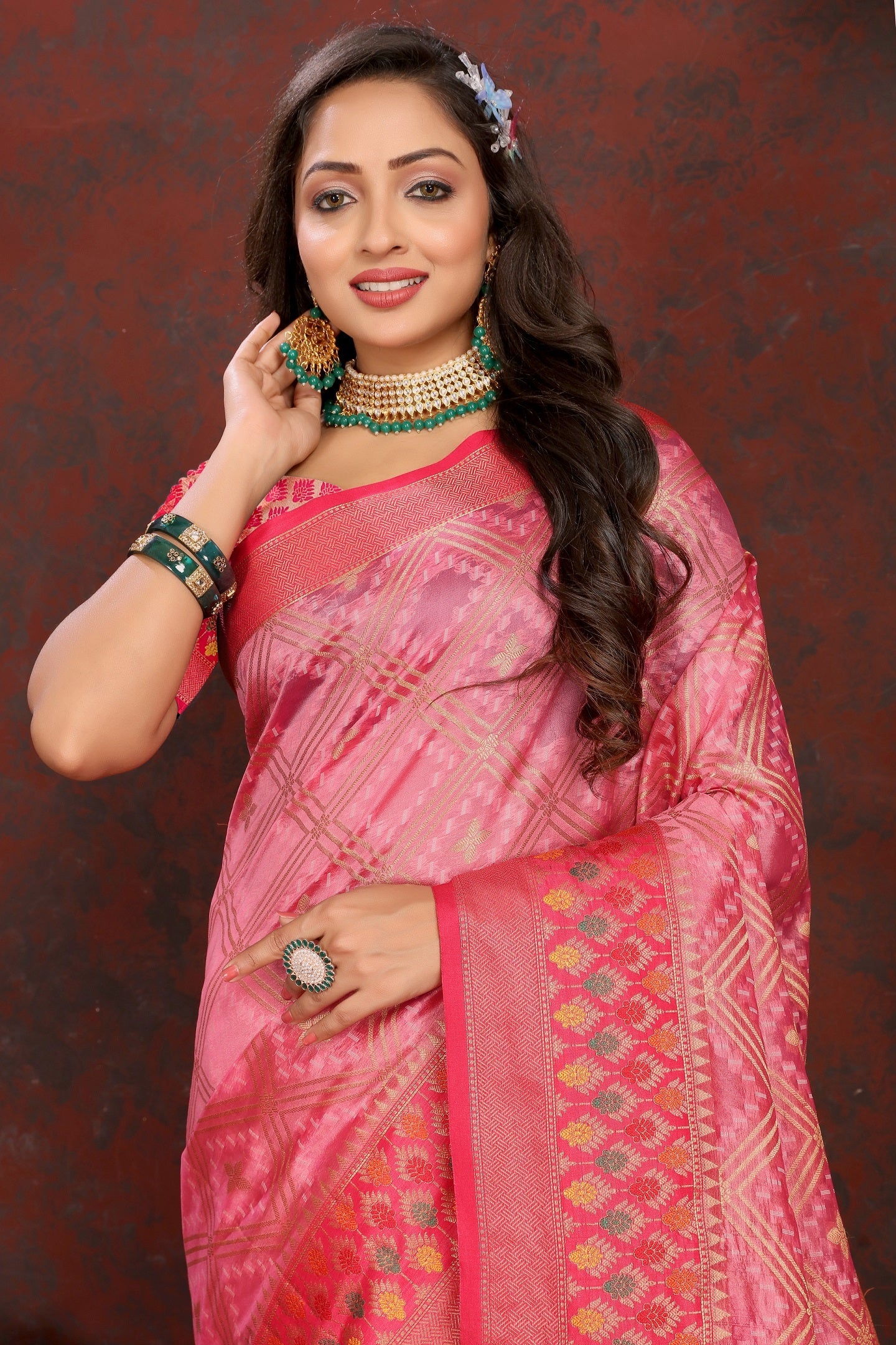 Vedant Vastram Pink Color Kanjeevaram Organza Silk Saree - Pink