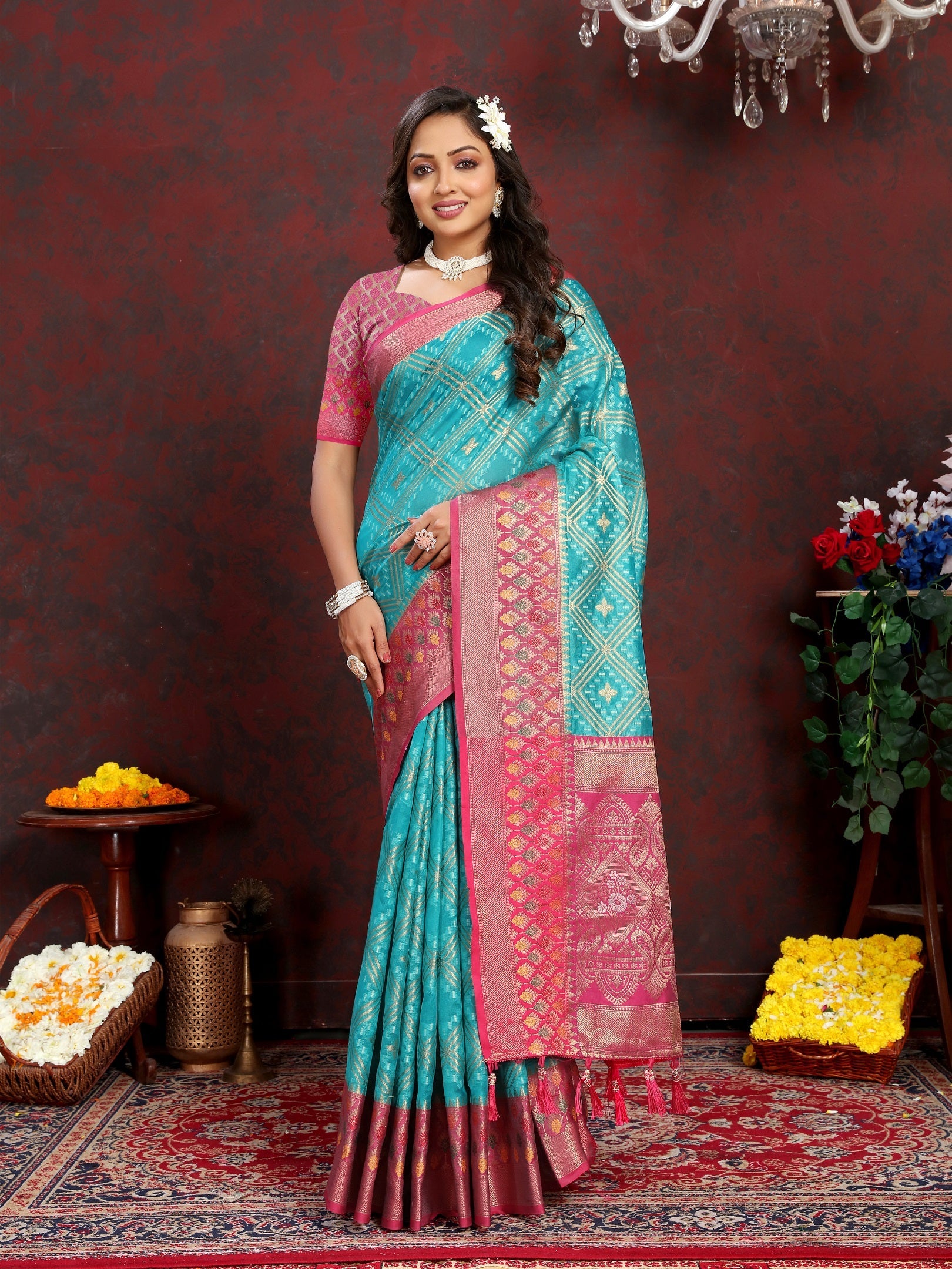 Vedant Vastram Rama Color Kanjeevaram Organza Silk Saree - Rama