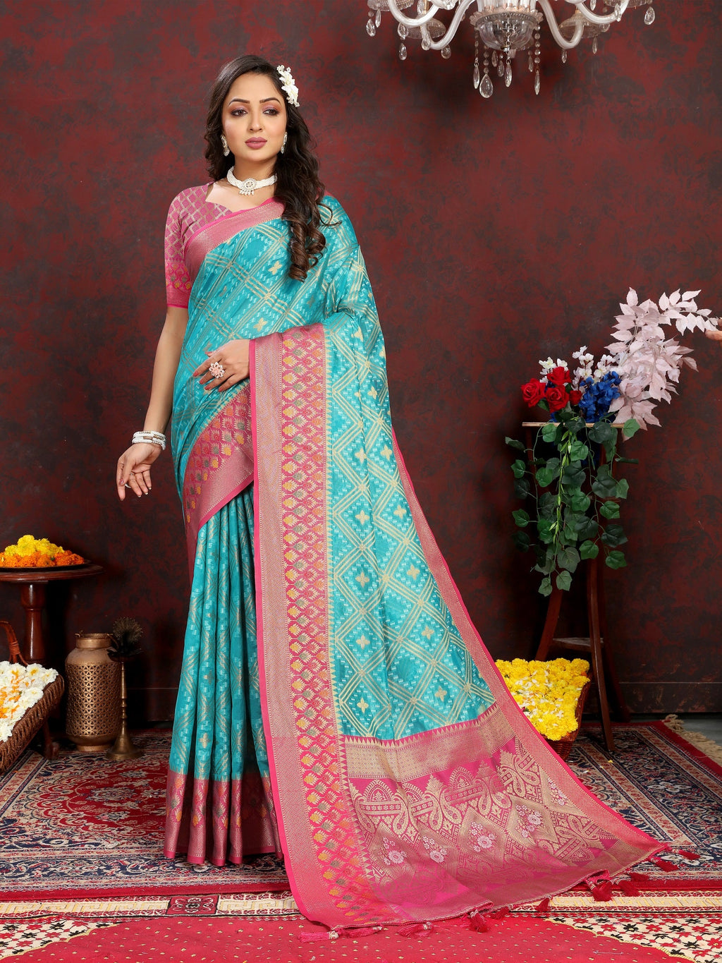 Vedant Vastram Rama Color Kanjeevaram Organza Silk Saree - Rama