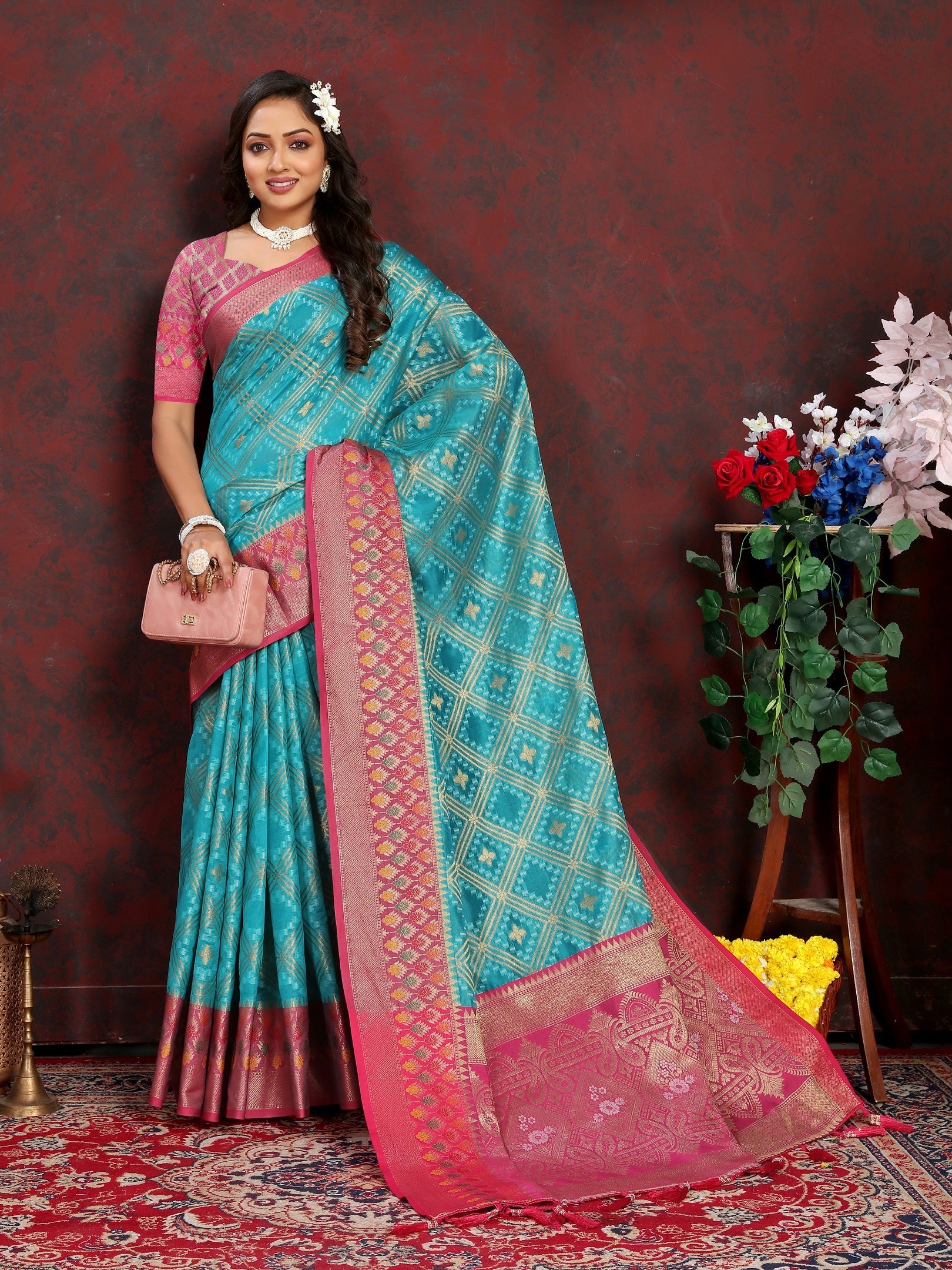 Vedant Vastram Rama Color Kanjeevaram Organza Silk Saree - Rama