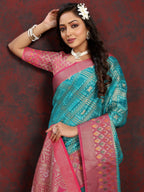 Vedant Vastram Rama Color Kanjeevaram Organza Silk Saree - Rama
