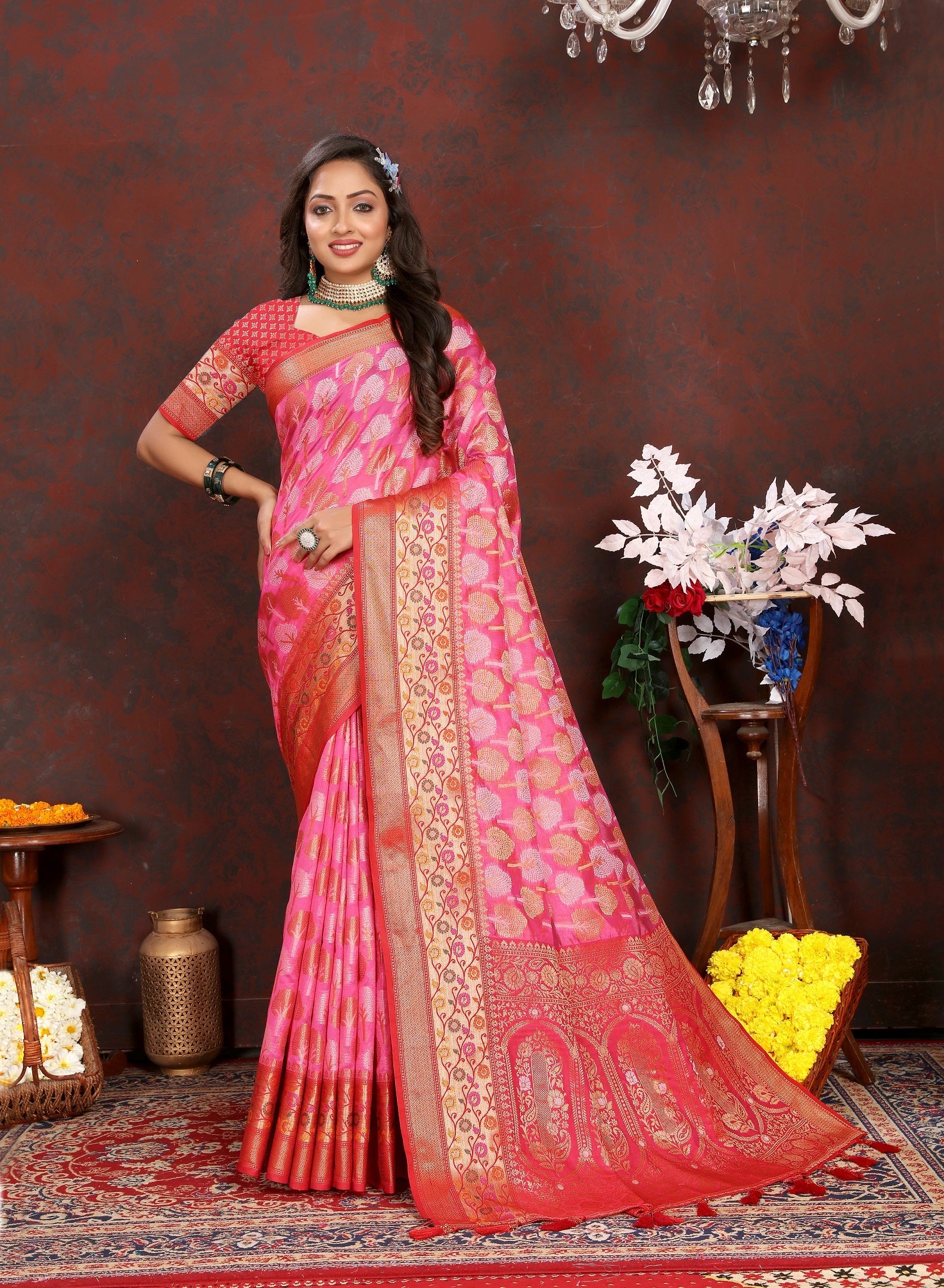 Vedant Vastram Baby Pink Color Kanjeevaram Organza Silk Saree - Baby Pink