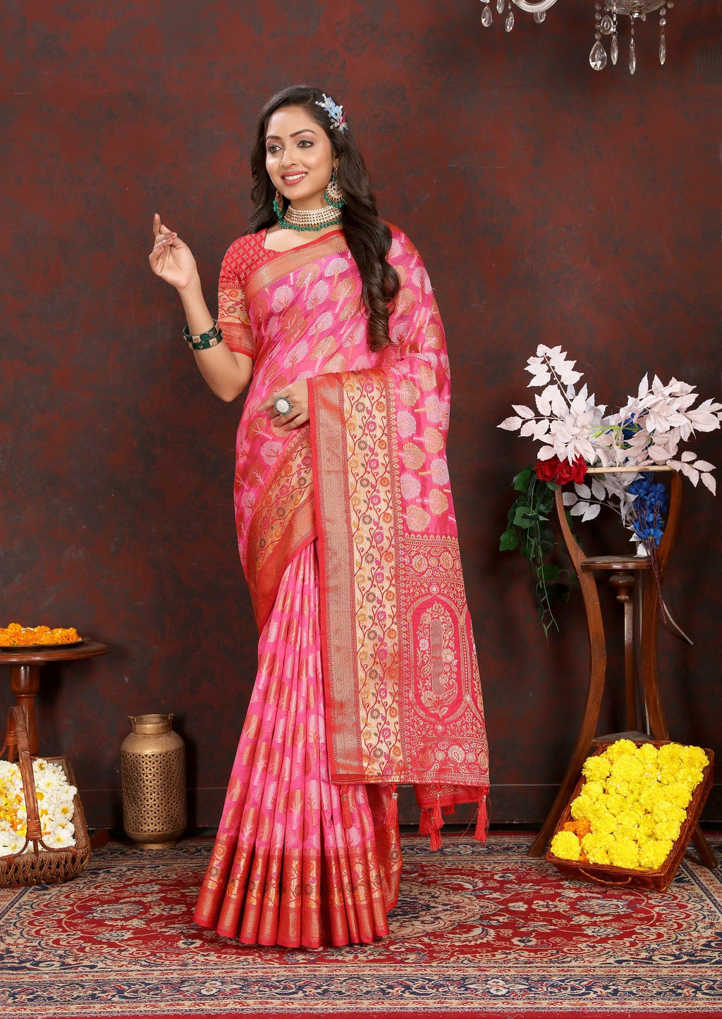 Vedant Vastram Baby Pink Color Kanjeevaram Organza Silk Saree - Baby Pink