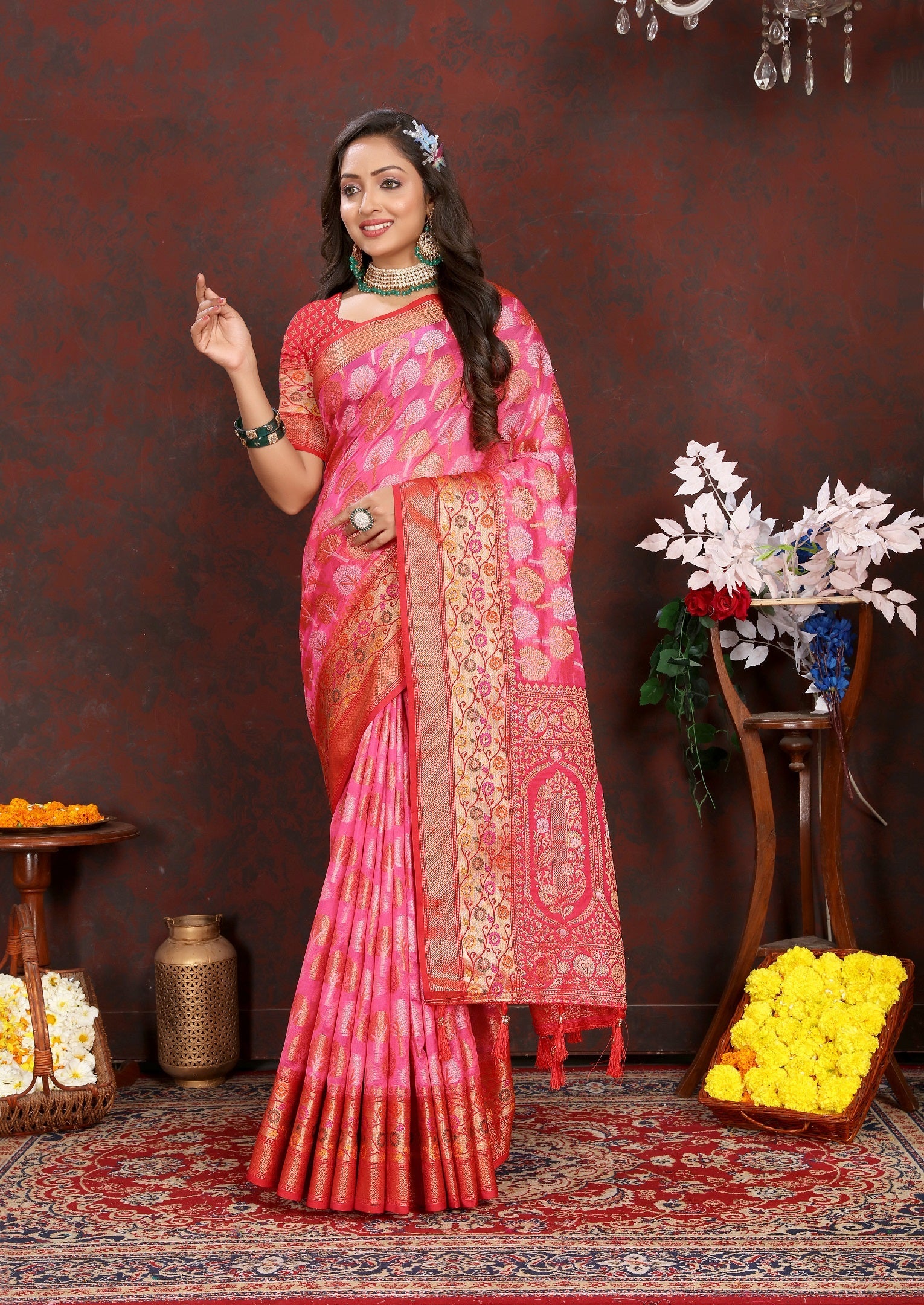 Vedant Vastram Baby Pink Color Kanjeevaram Organza Silk Saree - Baby Pink