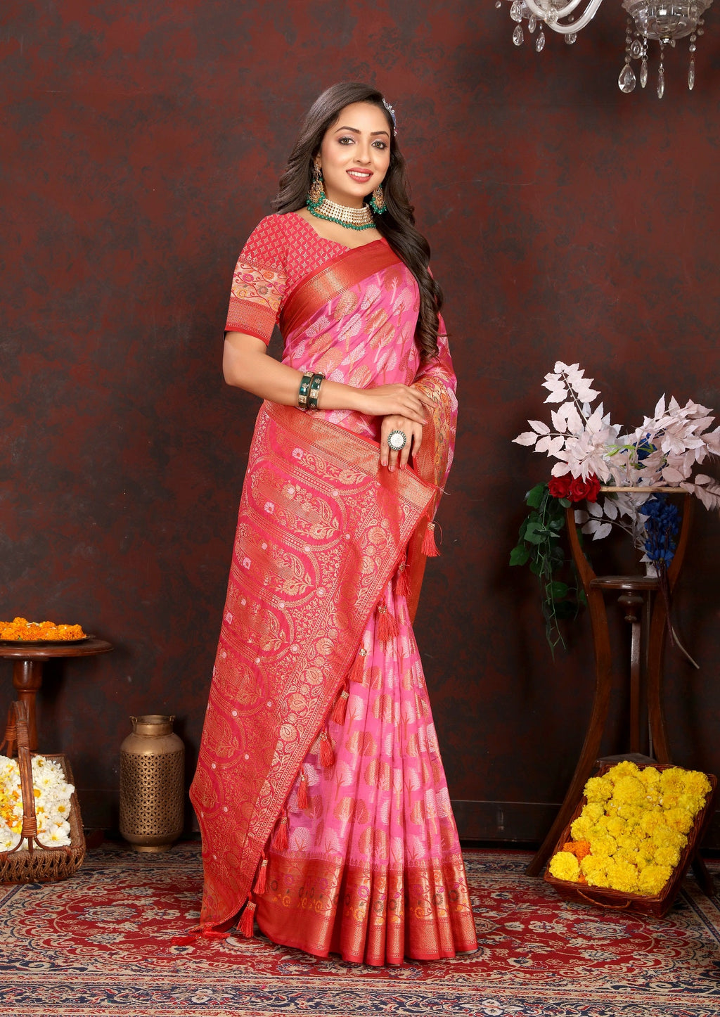 Vedant Vastram Baby Pink Color Kanjeevaram Organza Silk Saree - Baby Pink