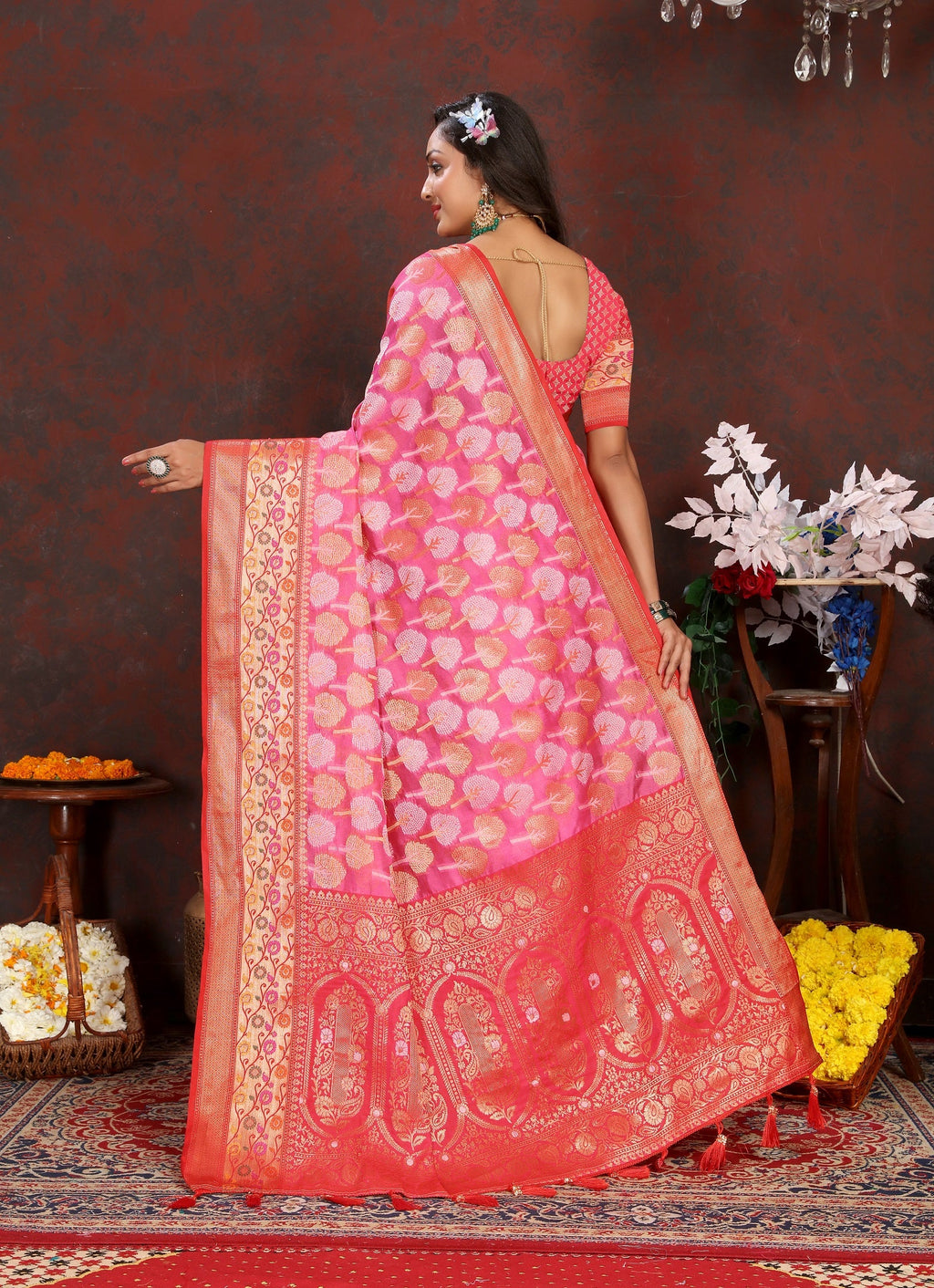 Vedant Vastram Baby Pink Color Kanjeevaram Organza Silk Saree - Baby Pink