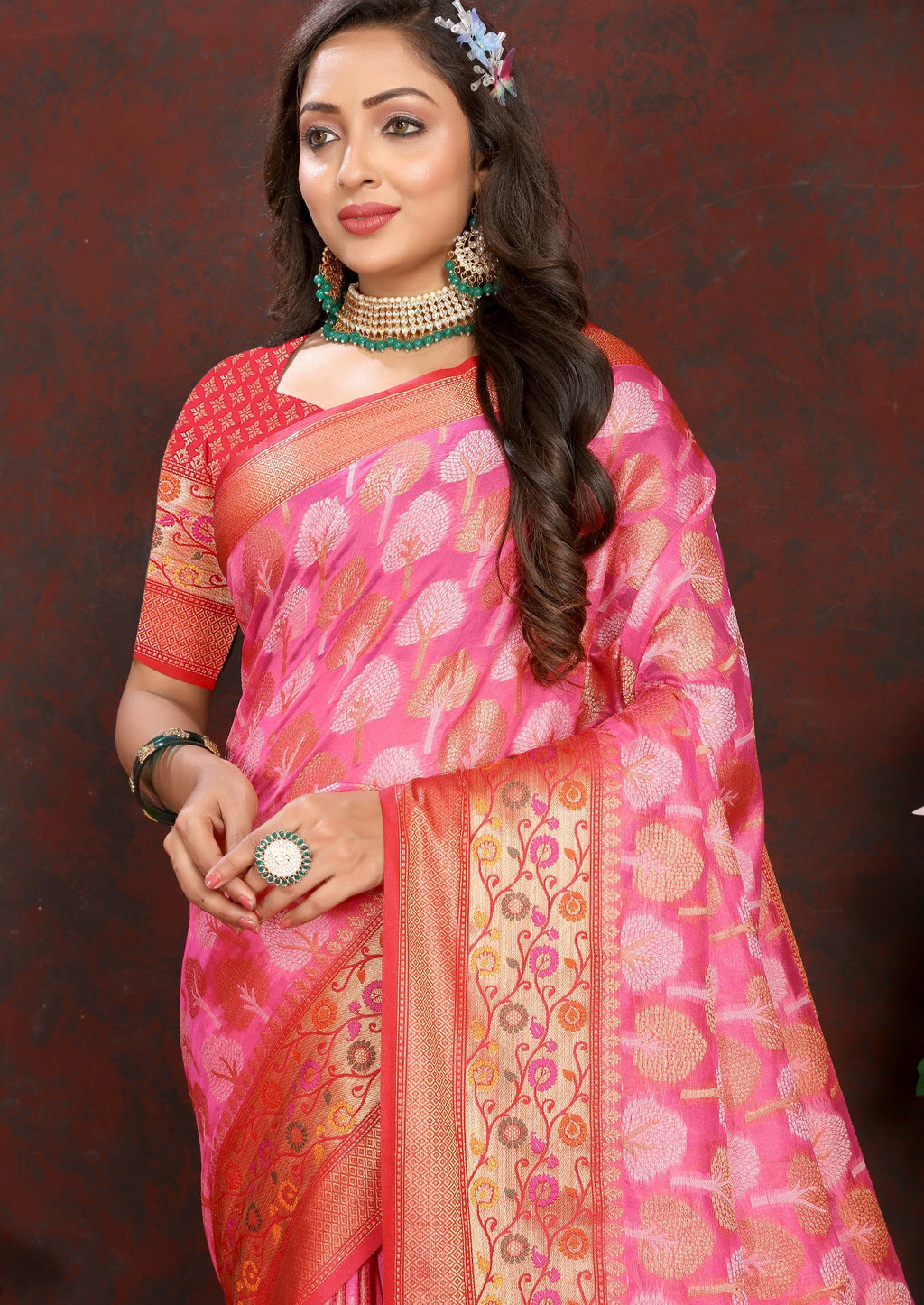 Vedant Vastram Baby Pink Color Kanjeevaram Organza Silk Saree - Baby Pink