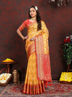Vedant Vastram Mustard Color Kanjeevaram Organza Silk Saree - Mustard